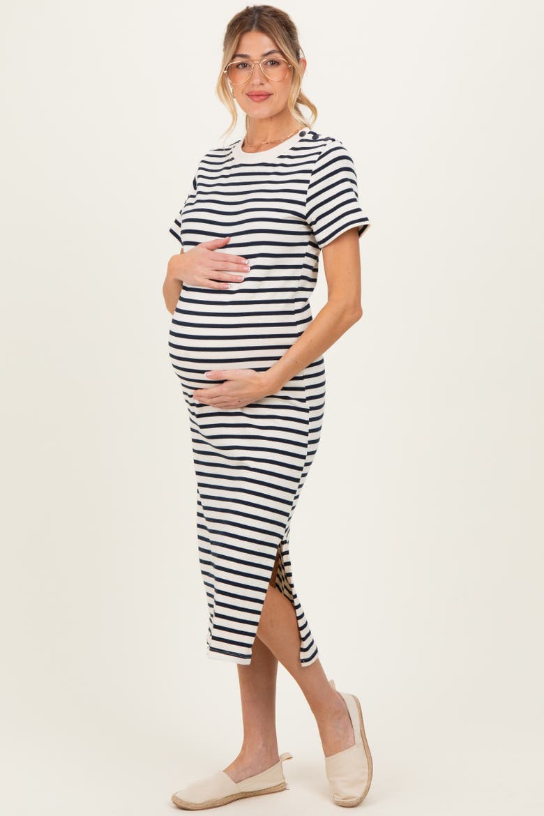 Striped Short Sleeve Midi Dress, Alternate, color, Navy Blue