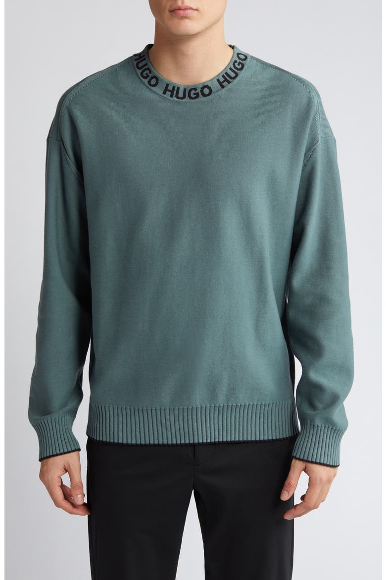 Smarlo Oversize Logo Collar Crewneck Sweater, Main, color, DARK GREEN