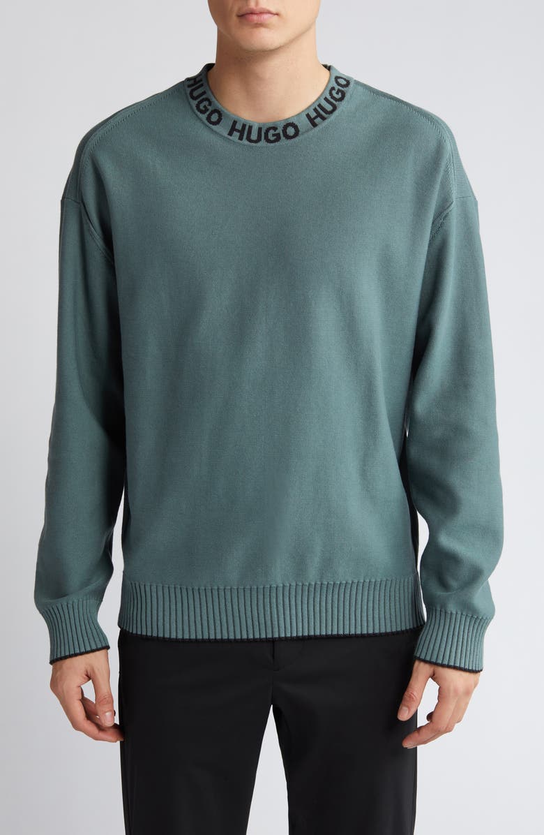 HUGO Smarlo Oversize Logo Collar Crewneck Sweater, Main, color, Dark Green