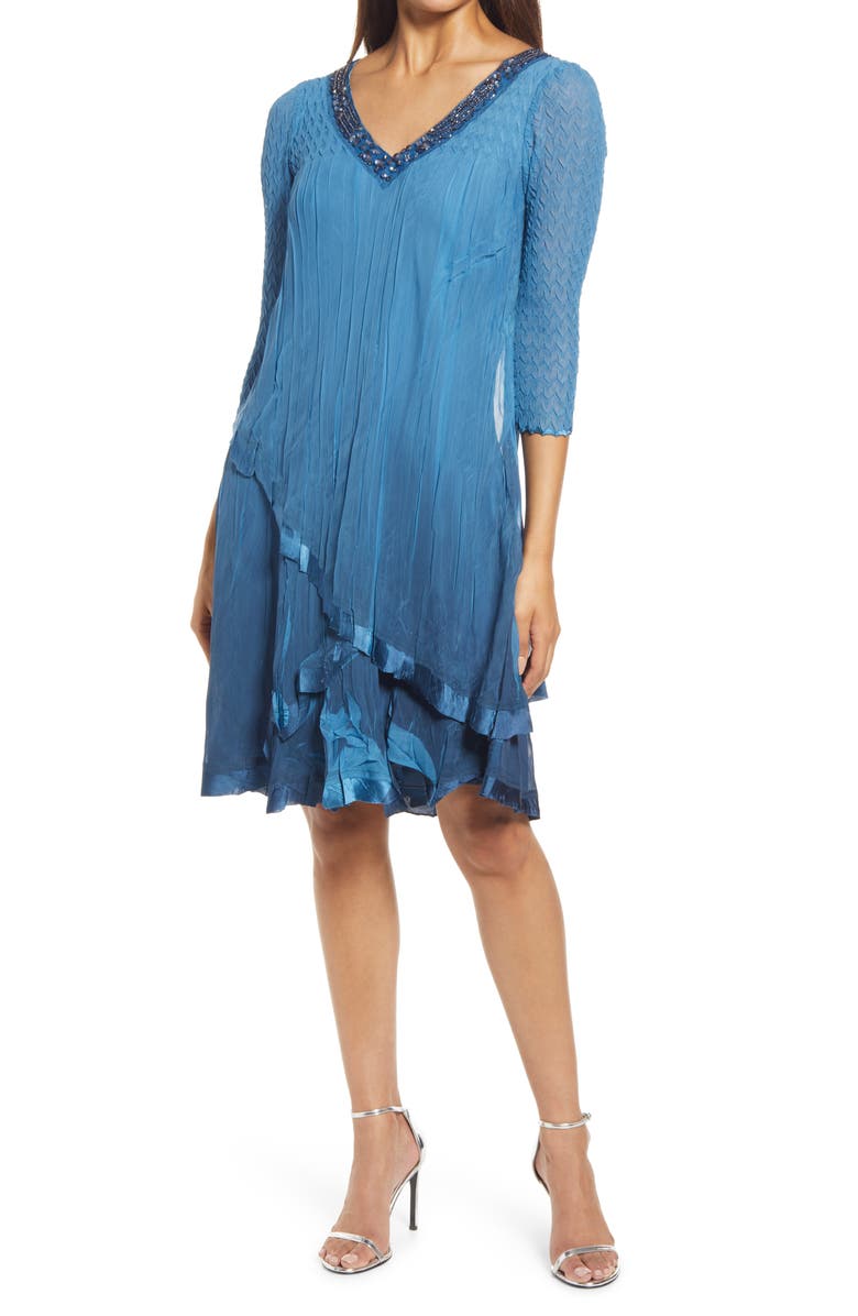 Komarov Beaded Neck Tiered Chiffon & Charmeuse Dress, Main, color, 