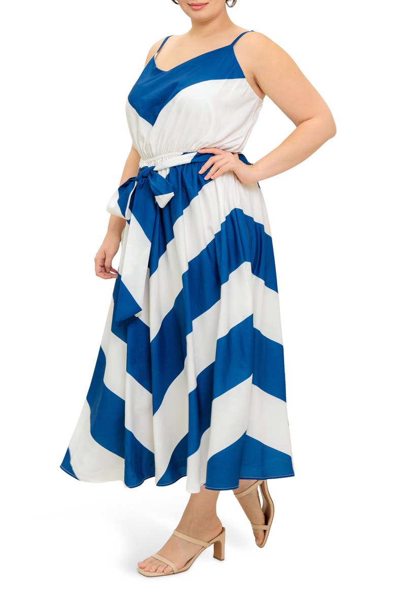 Belted Chevron Maxi Sundress, Alternate, color, BLUE/WHITE