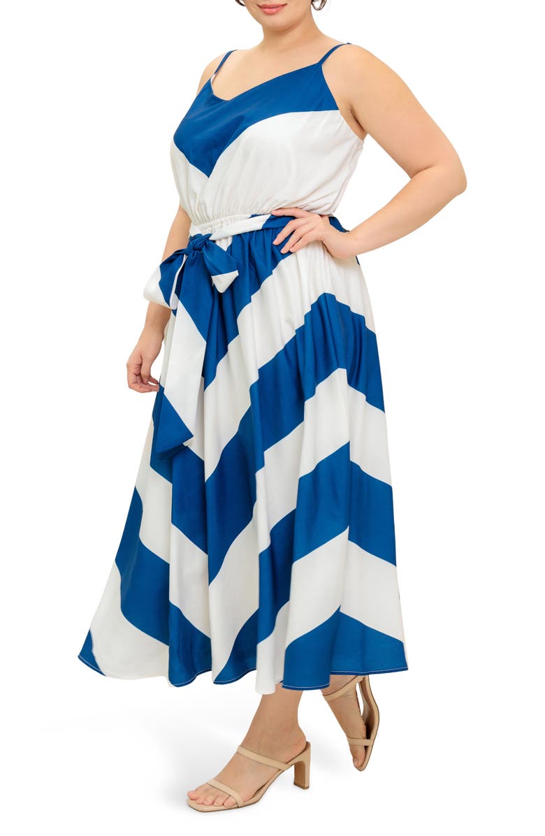 FLYING TOMATO Belted Chevron Maxi Sundress, Alternate, color, Blue/White