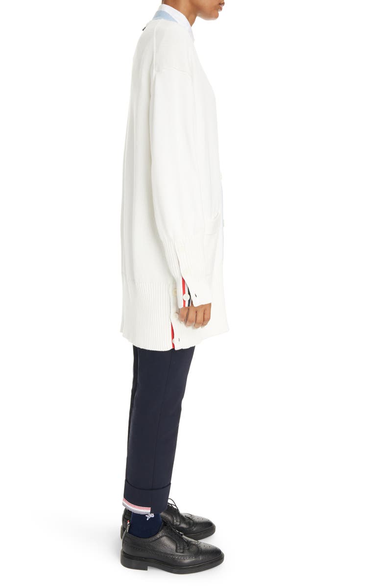 Thom Browne 4-Bar Oversize Cotton V-Neck Cardigan, Alternate, color, 
