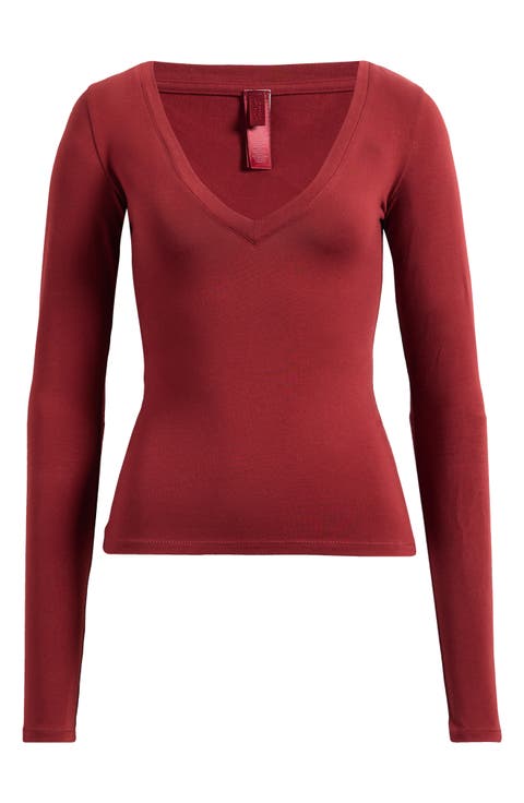 Stretch Cotton Jersey V-Neck Long Sleeve T-Shirt