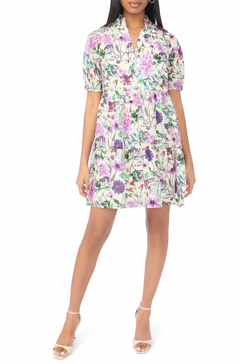 Puff Sleeve Tiered Babydoll Dress, Main, color, CREAM/ MULTI