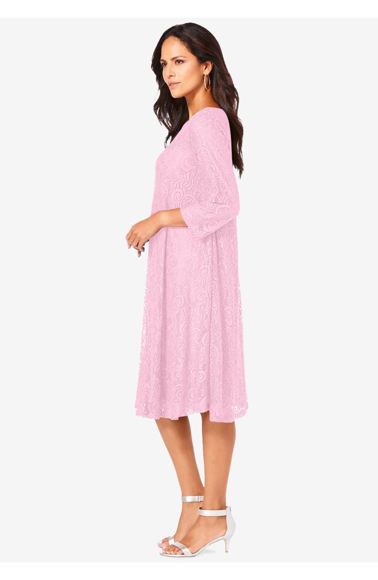 Roaman's Plus-Size 3/4 Sleeve Boatneck Lace Swing Dress, Alternate, color, Black