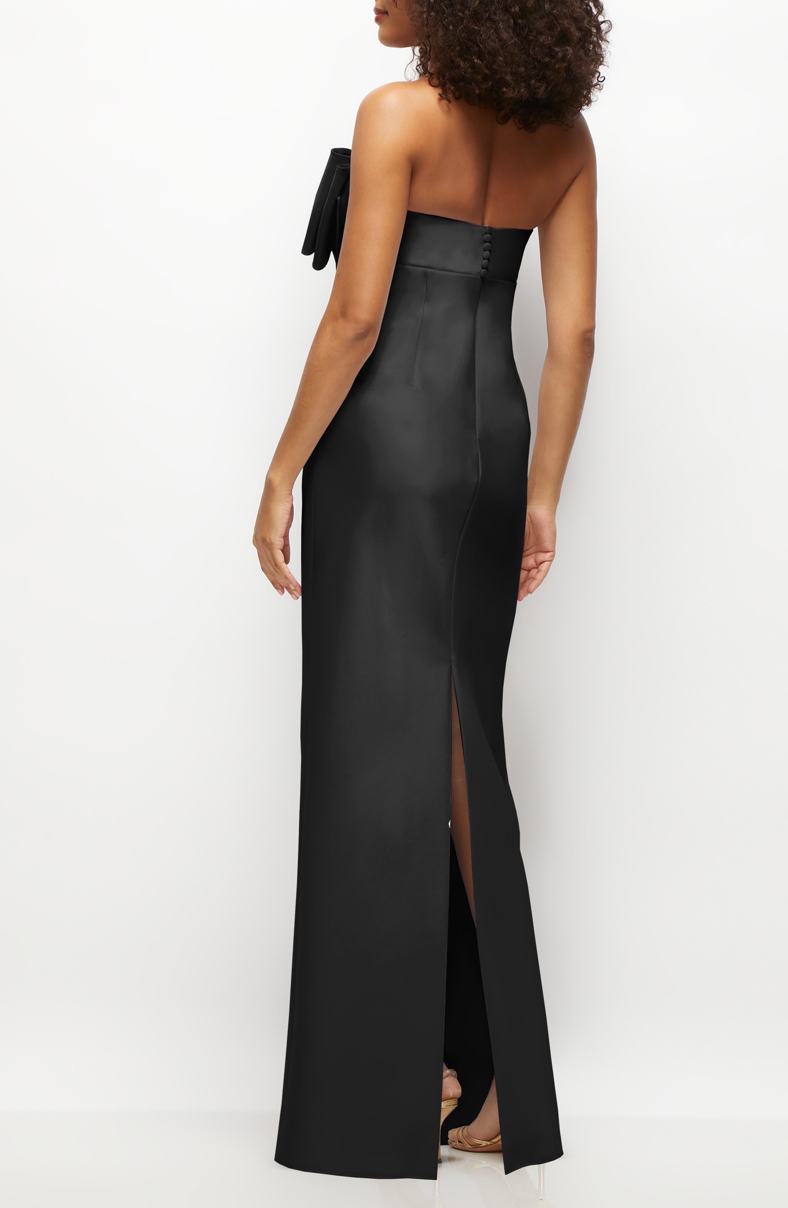 alfred sung strapless satin column mini dress with oversized bow Strapless Satin Column Maxi Dress with Oversized Handcrafted Bow