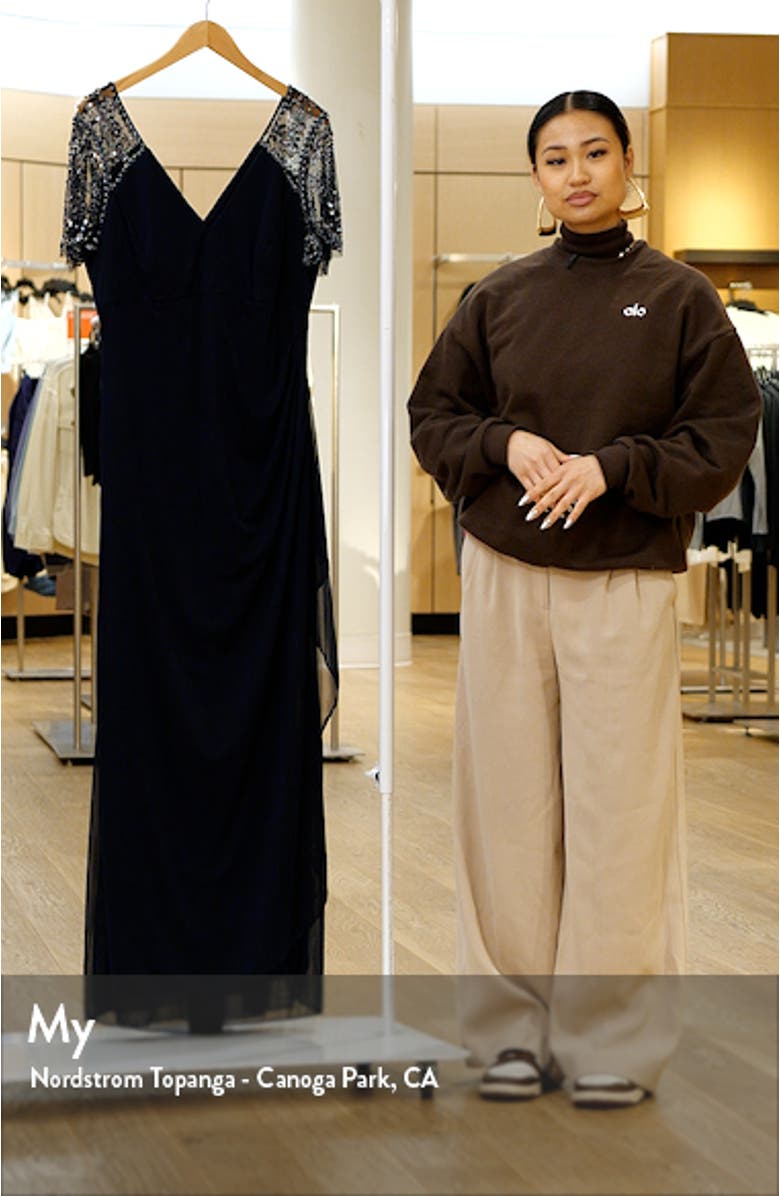 Xscape Beaded Sleeve Ruched Column Gown, sales video thumbnail