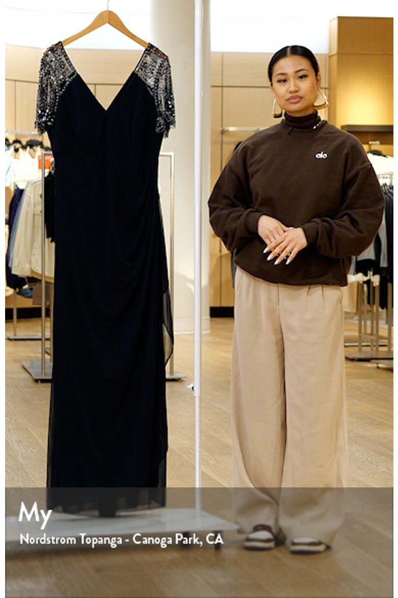 Xscape Beaded Sleeve Ruched Column Gown video