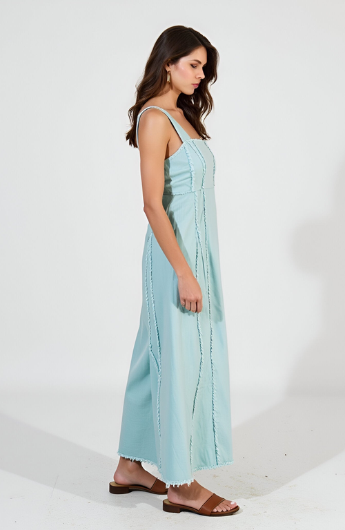 Modenaire Sleeveless Maxi Dress With Textured Trim And Flowing Silhouette In Blue