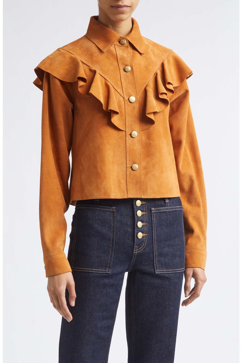 Matilde Ruffle Suede Jacket, Main, color, COGNAC