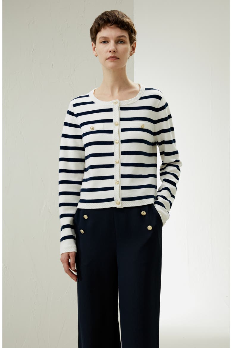 Gariana Striped Wool Cardigan, Alternate, color, Navy Blue