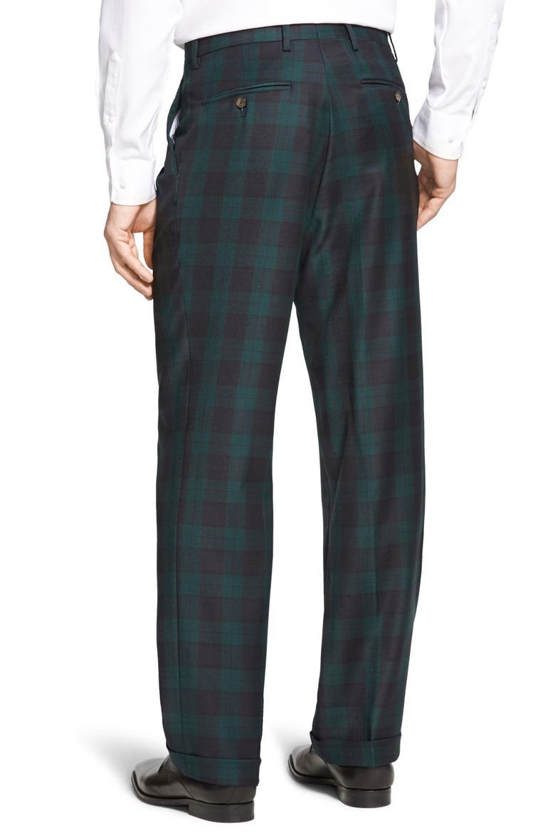 Touch Finish Pleated Classic Fit Plaid Wool Trousers, Alternate, color, GREEN