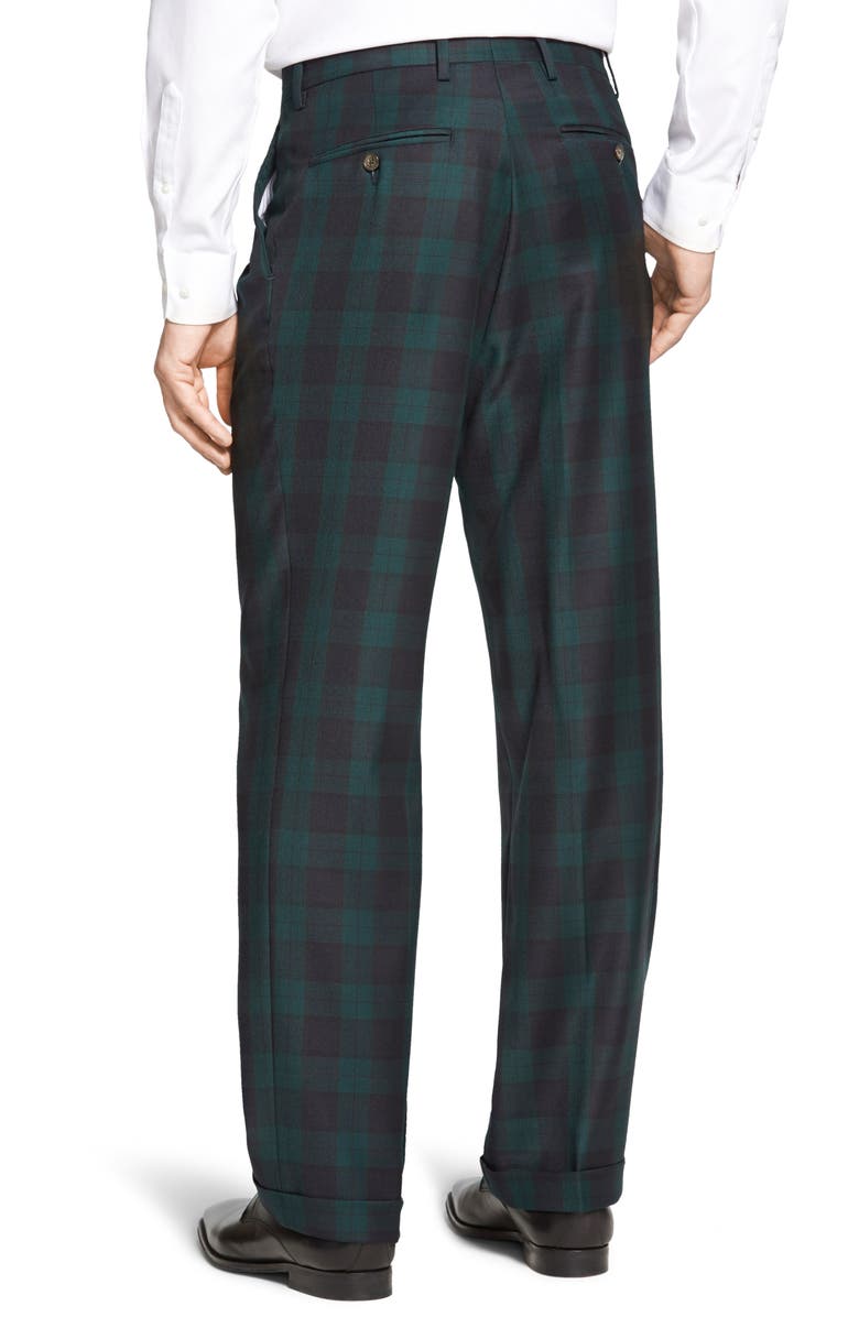 Berle Touch Finish Pleated Classic Fit Plaid Wool Trousers, Alternate, color, Green