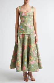 Lela Rose Floral Raffia Square Neck Midi Dress