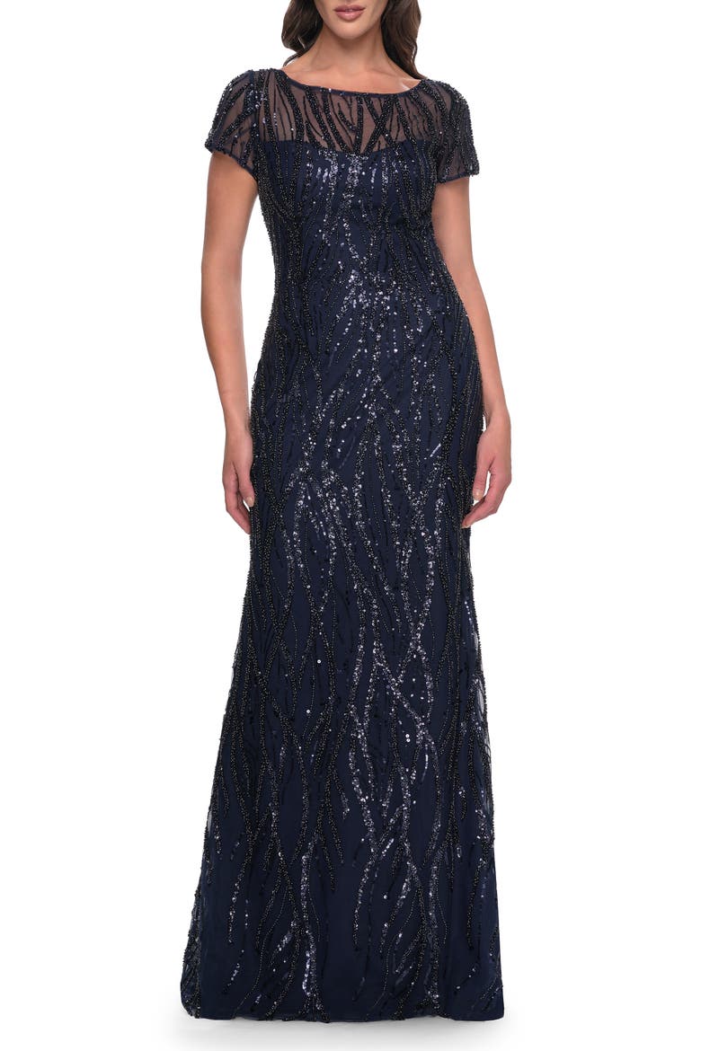 Beaded Print Fitted Evening Dress with Illusion Neckline, Main, color, Navy