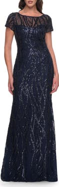 La Femme Beaded Print Fitted Evening Dress with Illusion Neckline