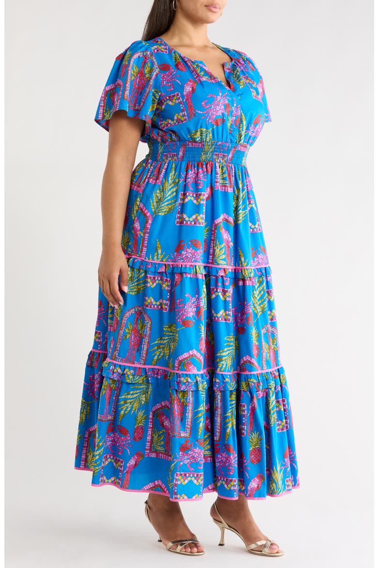 Bally Tropical Print Tiered Maxi Dress, Alternate, color, PINK-BLUE-GREEN