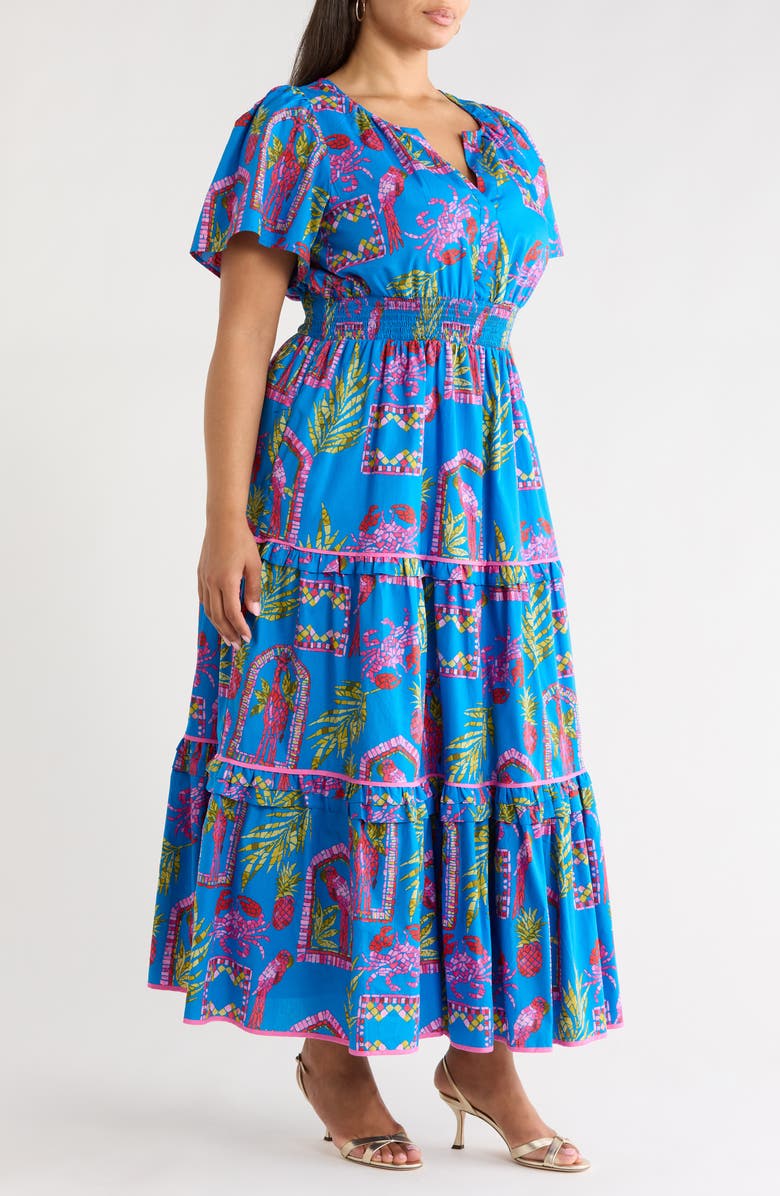 SUGARLIPS Bally Tropical Print Tiered Maxi Dress, Alternate, color, Pink-Blue-Green