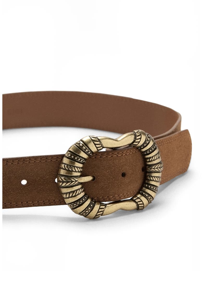 Suede Belt with Engraved Buckle, Alternate, color, BROWN