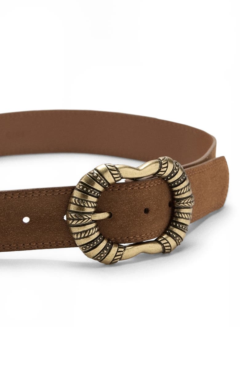 MANGO Suede Belt with Engraved Buckle, Alternate, color, Brown