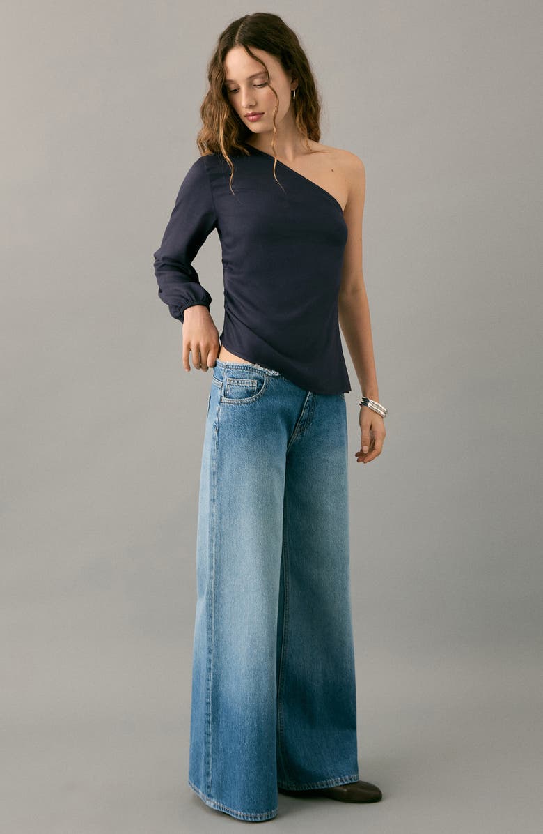 MANGO TEEN Asymmetric Ruched One-Shoulder Top, Alternate, color, Navy