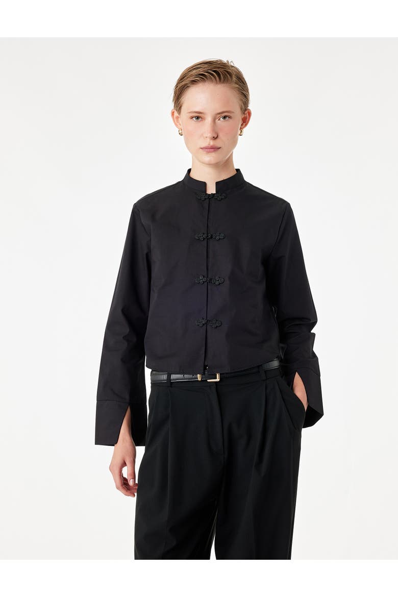Mandarin Collar Long Sleeve Poplin Shirt With Frog Closure, Alternate, color, BLACK