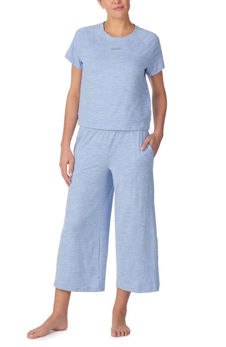 DKNY Short Sleeve Wide Leg Pajamas, Alternate, color, Heather Blue