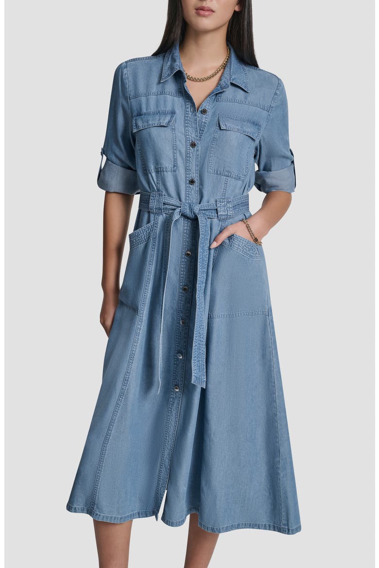 Tie Waist Roll Tab Chambray Midi Shirtdress, Alternate, color, STREAM WASH