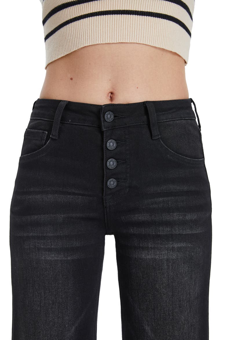 Frayed Exposed Button Mid Rise Wide Leg Jeans, Alternate, color, RAVEN