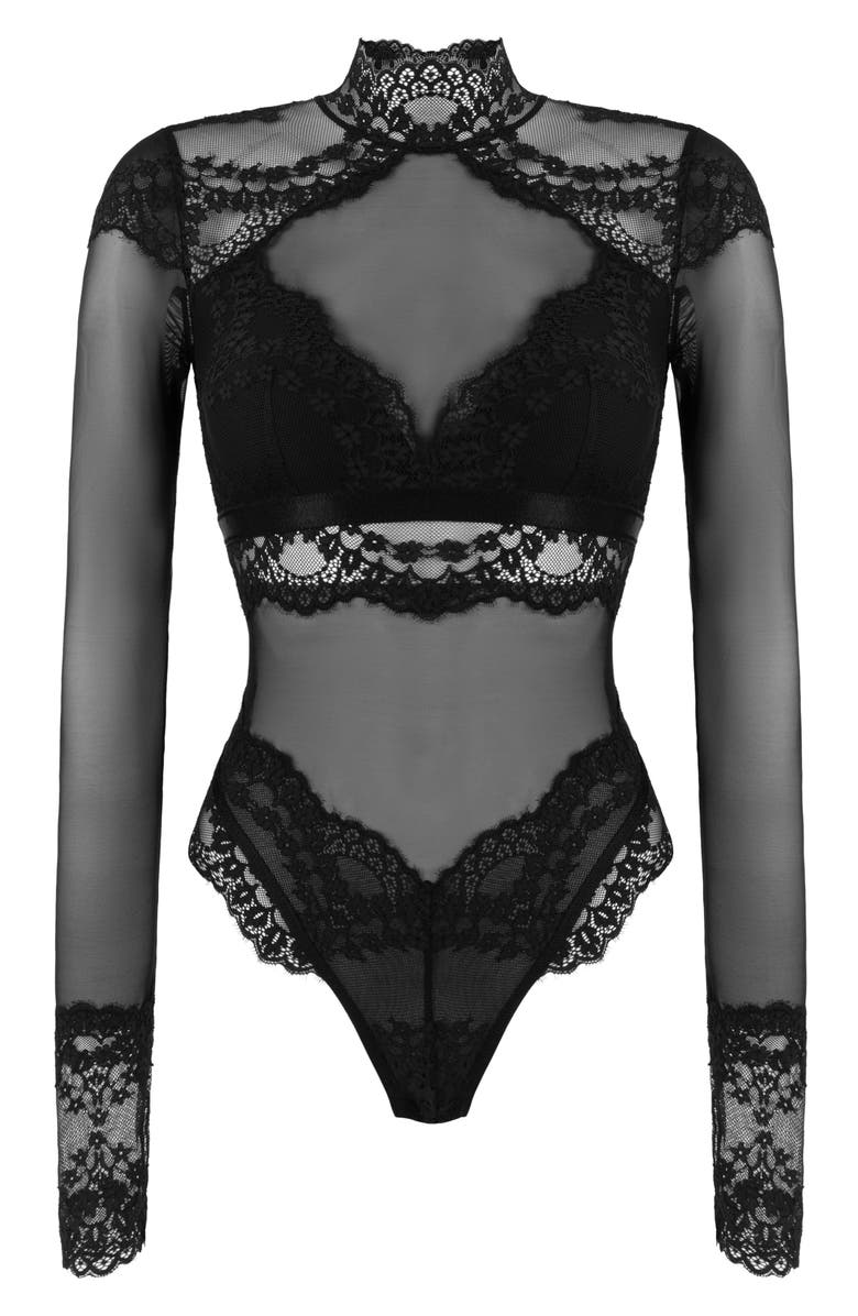 Hunkemöller Daisy Long Sleeve Mesh & Lace Teddy, Main, color, 