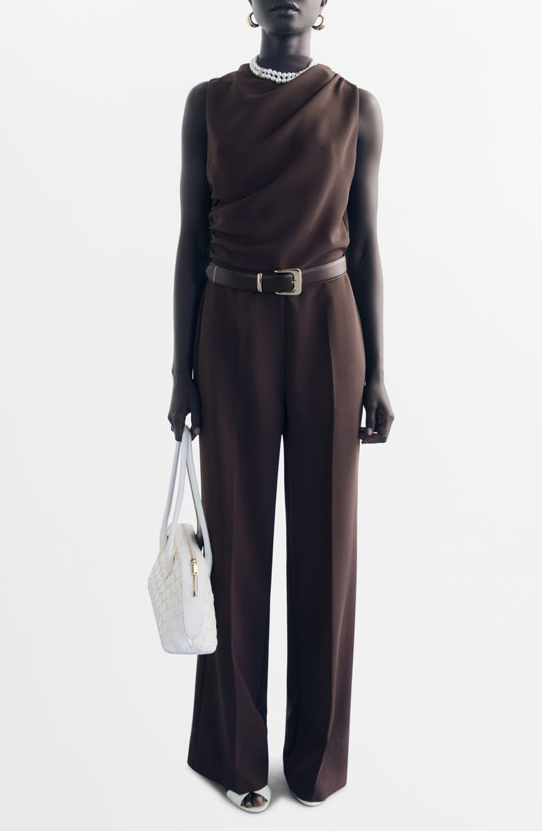 MANGO Drape Belted Wide Leg Jumpsuit, Main, color, Chocolate