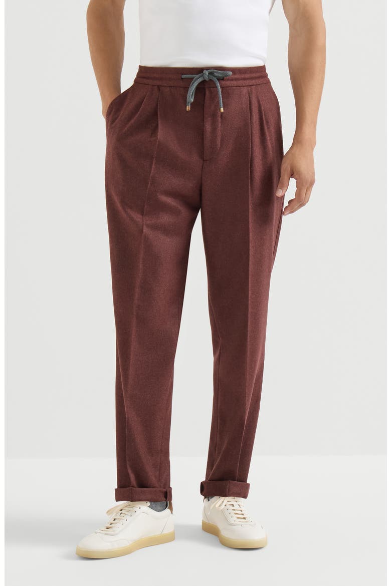 Virgin wool and cashmere flannel trousers with drawstring and double pleats, Main, color, Burned