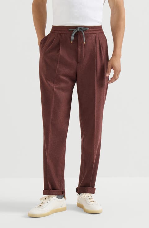 Virgin wool and cashmere flannel trousers with drawstring and double pleats