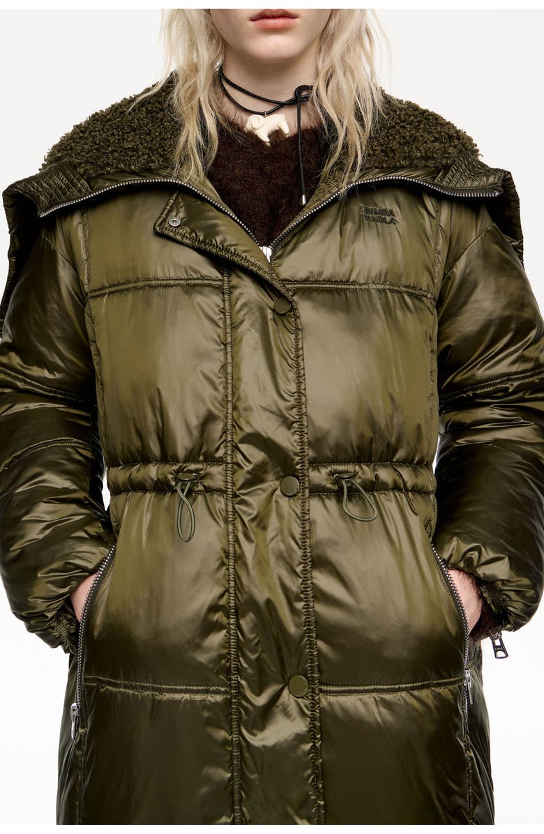 Bimba y Lola Down Jacket With Maxi Neck Faux Shearling Hood, Alternate, color, Dark Khaki