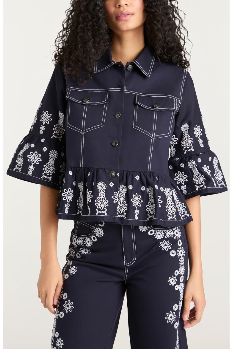 Eyelet Detail Stretch Cotton Jacket, Main, color, NAVY/WHITE