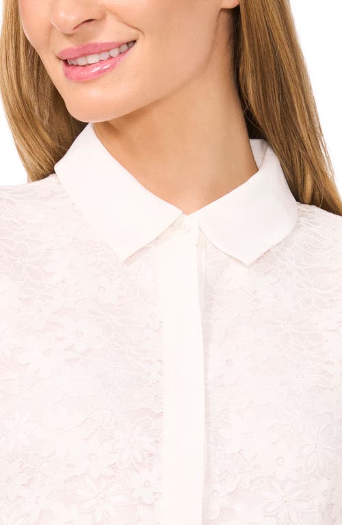 Cece Floral Lace Short Sleeve Button-up Shirt In New Ivory