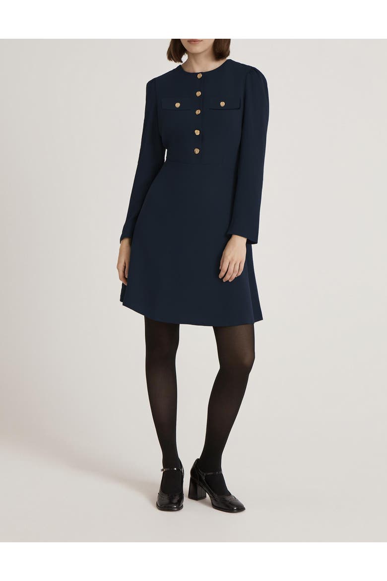 Evie Long Sleeve Crepe Short Dress, Alternate, color, Navy