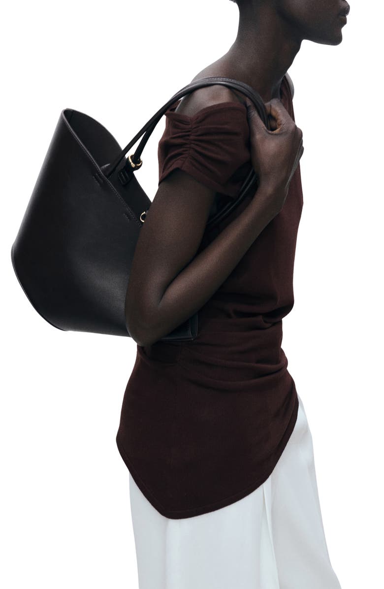 MANGO Asymmetric Ruched Knit Top, Alternate, color, Chocolate