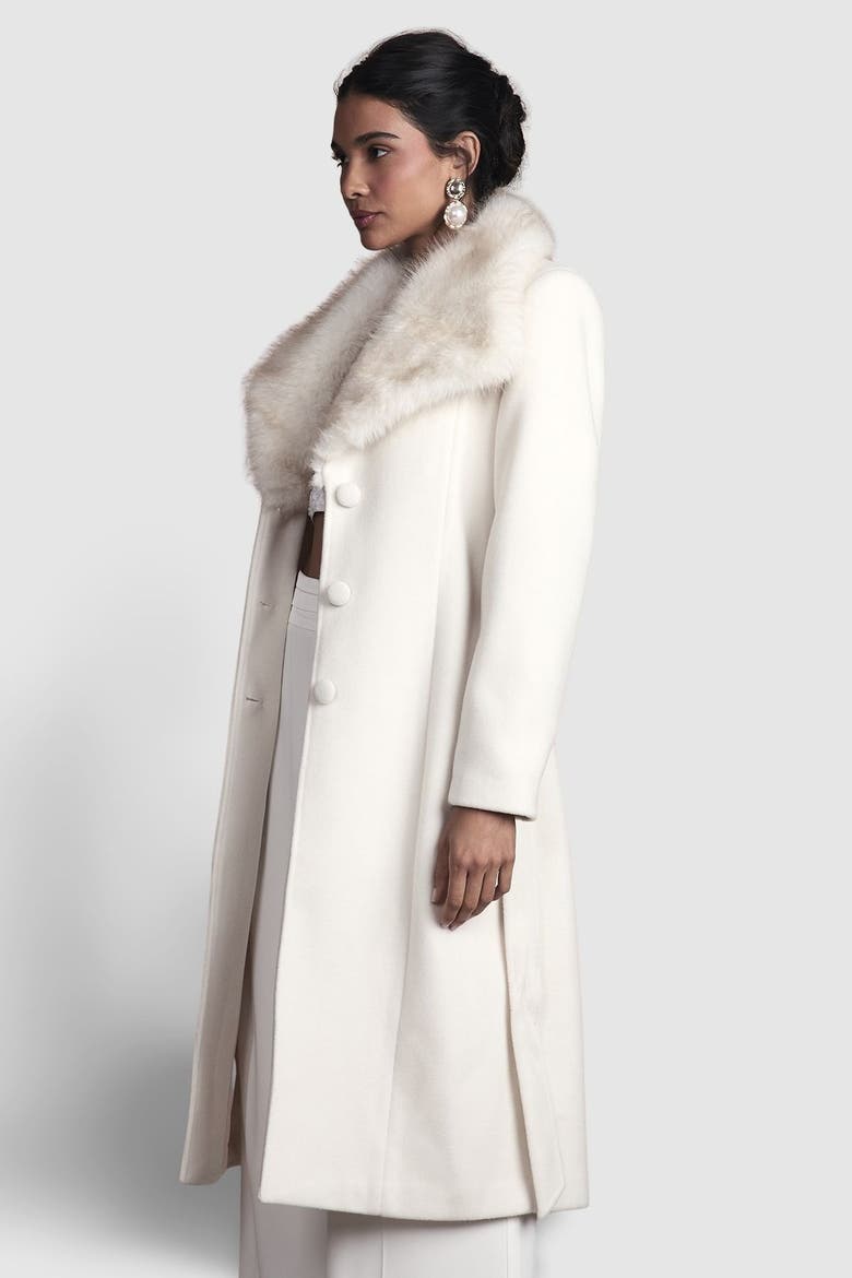 Faux Fur Collar Belted Midi Coat, Alternate, color, Ivory