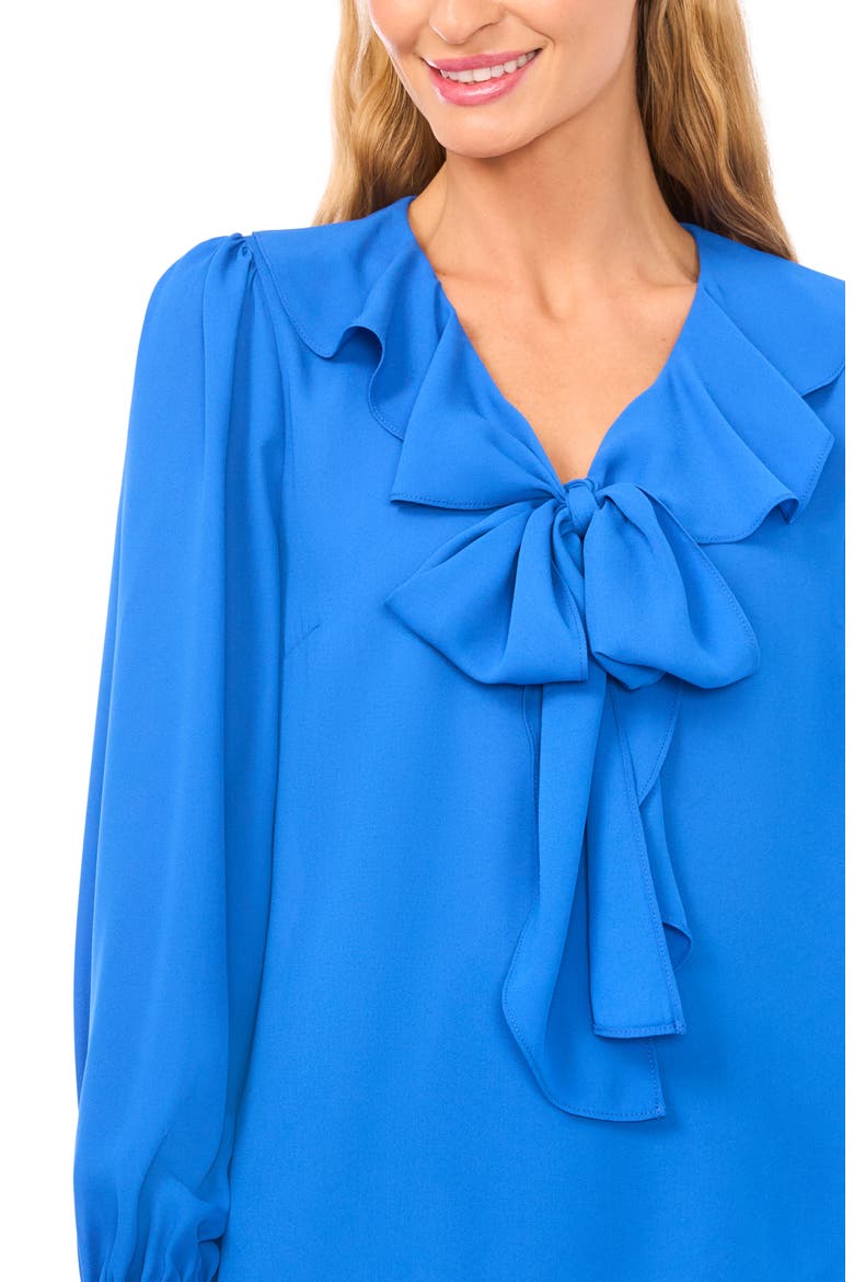 Ruffle Tie Neck Long Sleeve Georgette Top, Alternate, color, COBALT PETAL