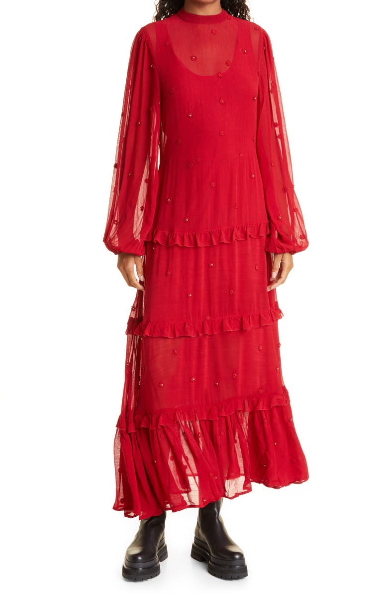 FARM Rio Red Ruffle Long Sleeve Maxi Dress, Main, color, 