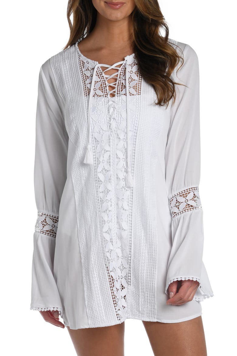 Coastal Long Sleeve Cover-Up Tunic Dress, Main, color, WHITE
