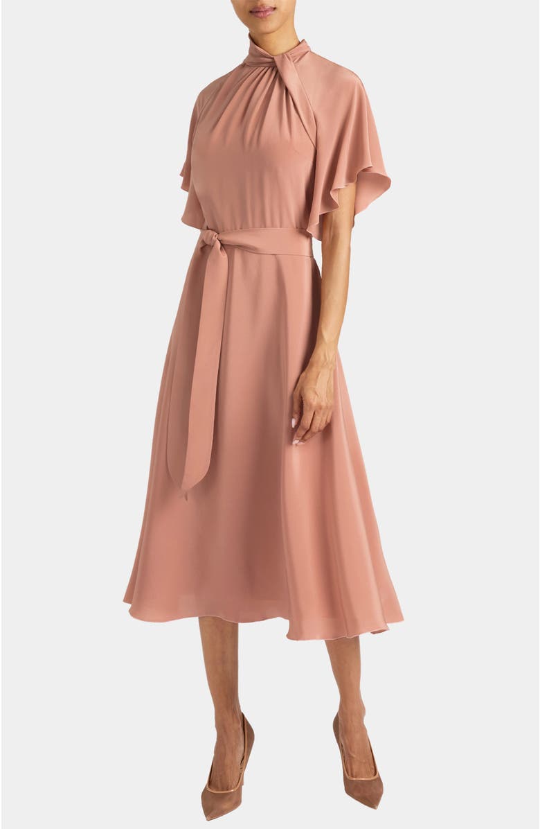 Santorelli Niki Silk Mock Neck Midi Dress with Short Cape Sleeves, Main, color, Peach Whip