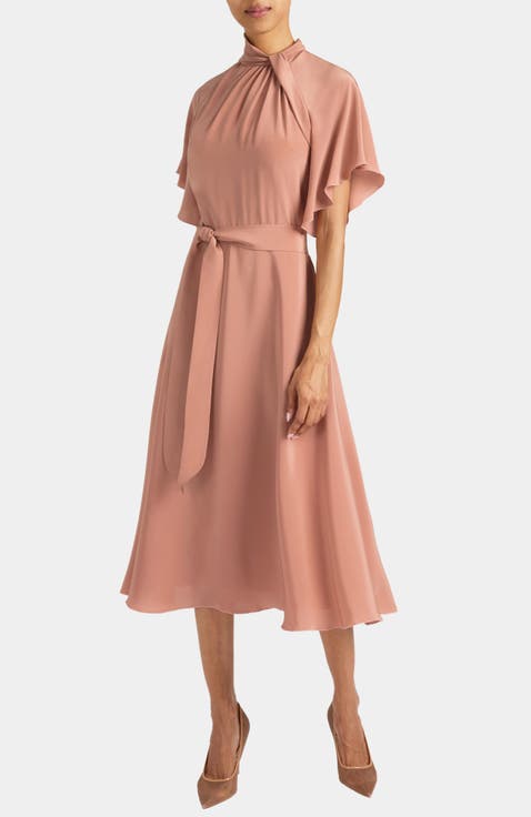 Niki Silk Mock Neck Midi Dress with Short Cape Sleeves