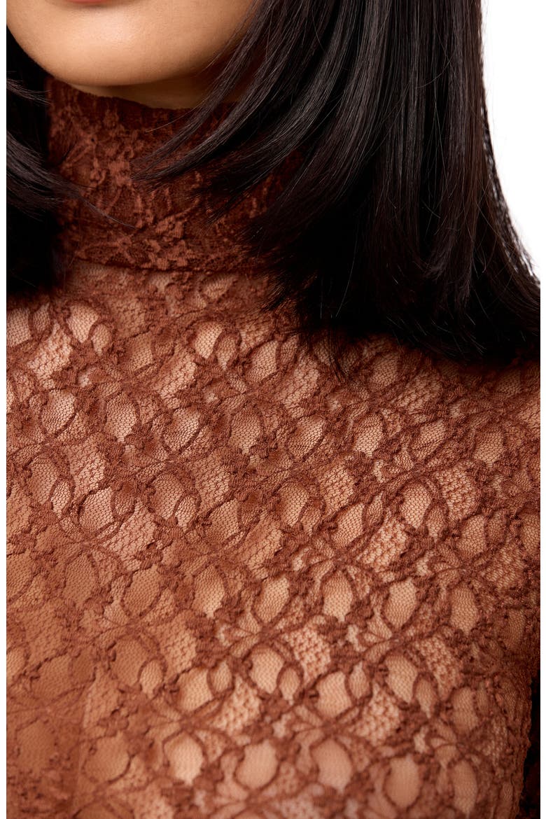 Floral Long Sleeve Stretch Lace Turtleneck Maxi Dress, Alternate, color, BROWN SUGAR