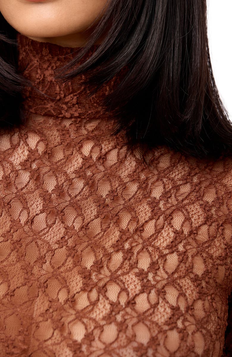 Naked Wardrobe Floral Long Sleeve Stretch Lace Turtleneck Maxi Dress, Alternate, color, Brown Sugar