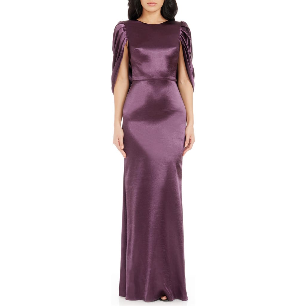Dress The Population Adina Cape Sleeve Satin Trumpet Gown In Midnight Plum