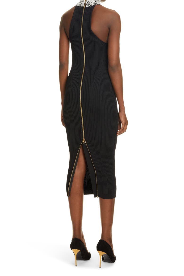 Embellished Rib Sheath Midi Dress, Alternate, color, BLACK
