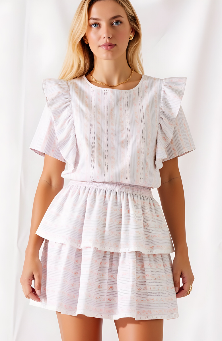 Modenaire Textured Ruffle Sleeve Mini Dress with Tiered Hem and Subtle Stripe Pattern, Alternate, color, 